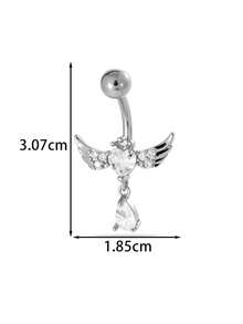 1pc Elegant Copper Zirconia Heart & Wing Shaped Belly Button Ring, Stainless Steel Bar Body Piercing Jewelry