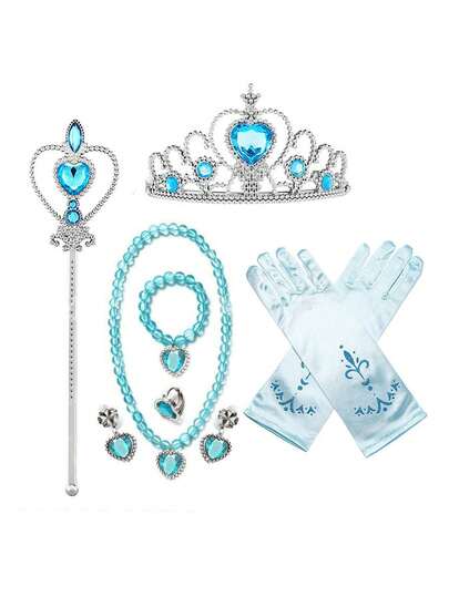 8pcs Princess Costume Party Accessories Set, Including Princess Dress, Gloves, Crown, Wand, Necklace, Earrings, Bracelet And Ring, An Excellent Gift For A Princess