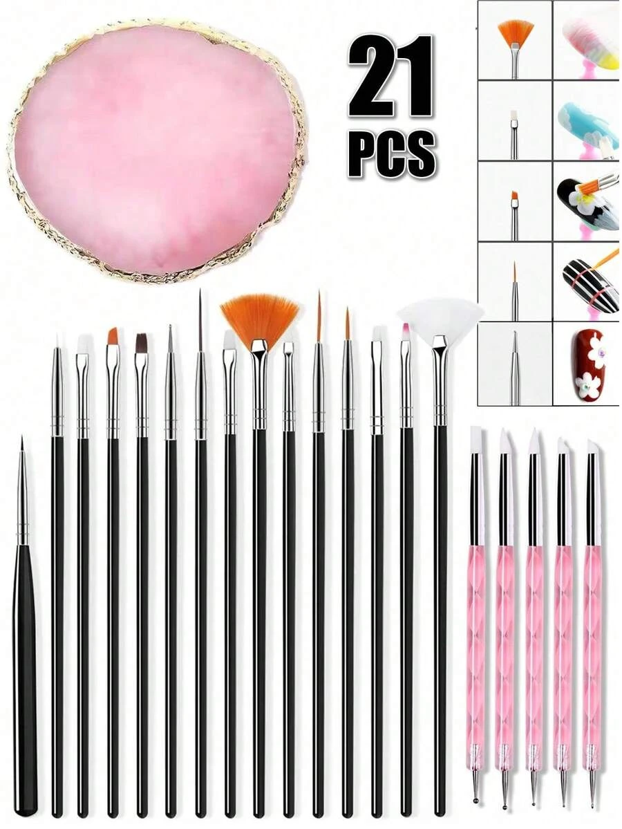 Bộ 21 cọ vẽ móng, dụng cụ vẽ móng nghệ thuật, bảng pha màu nhựa, sơn móng tay nhiều màu, bút khắc acrylic silicon 2 chiều, bút chấm, bộ dụng cụ làm móng DIY, bảng trưng bày trang điểm cho gia đình và salon, màu hồng và đen. - Nhiều màu - Xem 1