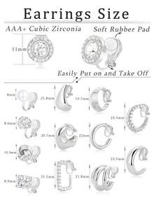 13pcs Women's Clip-On Earrings Set, 14K Gold/Silver Plated Thick Hoop Clip Earrings With Zirconia, Pearl, Knot, Twist, Teardrop, Croissant Elements, No Piercing Needed, Earring & Stud Jewelry Set