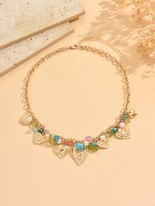 1pc Versatile Multi-Pendant Necklace With Heart, Faux Pearl Charms, Suitable For Daily Wear, Vacation And Party, Colors Of Stones Are Randomly Arranged, Natural Stone Material With Random Shapes, Sizes And Shades - Multicolor - View 2