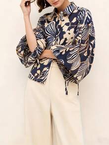 Women's Elegant Long Sleeve Shirt, Featuring Unique Patterned Woven Fabric And Button Details - Multicolor - View 4