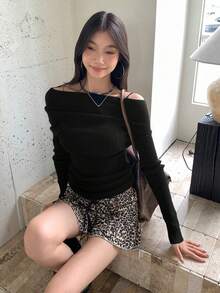 Open Shoulder Knit Sweater For Women, Slim Fit, Layering Top, Long Sleeve Dress, Autumn - Black - View 2