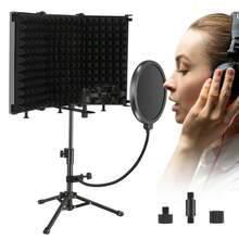 Microphone Isolation Shield With Mic Stand, Sound Proof Mic Isolation Shield, High Density Absorbent Foam Microphone Stand For Recording Studio Vocal Booth Equipment - Black - View 1