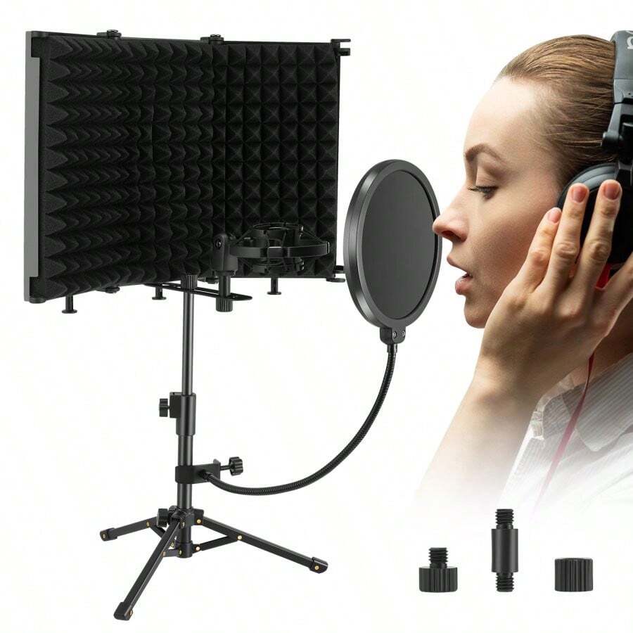 Microphone Isolation Shield With Mic Stand, Sound Proof Mic Isolation Shield, High Density Absorbent Foam Microphone Stand For Recording Studio Vocal Booth Equipment - Black - View 1