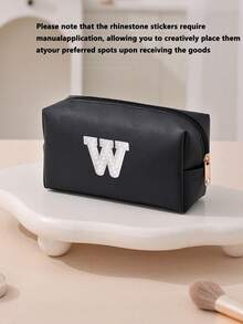 1pc Women's Octagonal Makeup Bag, Travel Organizer Bag, Bridal Makeup Bag, PU Letter Makeup Bag, Portable Chenille Letter Zipper Makeup Bag, Letter Patch PU Leather Waterproof Travel Toiletry Bag, Letter Combination Cosmetic Bag (Letter A~Z), Suitable For Autumn Home Decor - Black and White Lettering - View 17