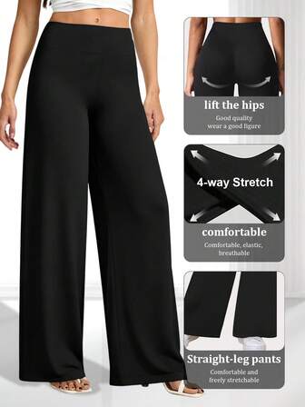 Pantalones de cintura alta y pierna recta para mujer - Tela con estiramiento medio, unicolor, pantalones de pierna ancha para oficina y casual, adecuados para primavera, verano y otoño, elegantes y cómodos, ropa casual de primavera, diseño de pierna ancha