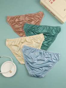 4pcs/Pack Women's Shiny Lace Bikini Panties, Mid-Waist Bow Decor Comfortable Underwear, Suitable For All Seasons - Multicolor - View 2