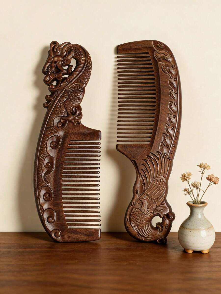 半把檀木雕花细齿梳，精美龙凤吉祥寓意梳子，防静电经络按摩发刷，适合作为礼物赠送亲朋好友。 - 彩色 - 查看 1