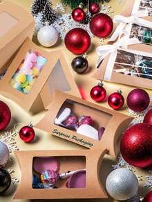 10pcs Pillow-Shaped Kraft Paper Boxes With Rectangular Transparent Window, DIY Packaging Boxes, Wedding Gift Boxes, Birthday Party Supplies