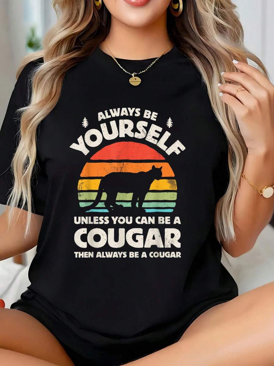 Retro Vintage 70s Fun T-Shirt For Men And Women Cougar Be Yourself Graphic Tees, Crop Tops For Women, Autumn Clothing For Women, Sets For Women, Fall Clothes For Women, Tops, T-Shirt - 黑色 - 查看 1