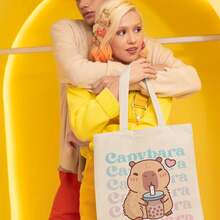 Bolsa De Loneta Natural para Mujer Estampado Capibara Bolitas 1pz 39 x 39 Cm| Capibaras| Bolsa de compras VMQ5 - Beis - Ver 4