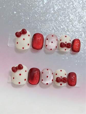 10 piezas de uñas postizas cuadradas cortas y lindas con base beige a lunares rojos y moños hechos a mano, aptas para uso diario, adecuadas para mujeres y niñas en citas, fiestas y vida cotidiana, pegatinas de uñas acrílicas, suministros de arte de uñas