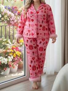 Women Pajama Set, Heart Print Long Sleeve Top With Pants Sleepwear Loungewear For Valentines Day - Pink - View 3