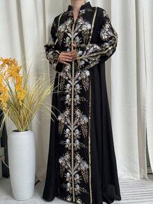 One Piece Sequin Embroidery Women's Abaya Long Dress, Loose Fit Islamic Clothing Dubai Style Abaya Kaftan For Black Vacation - Black - View 4