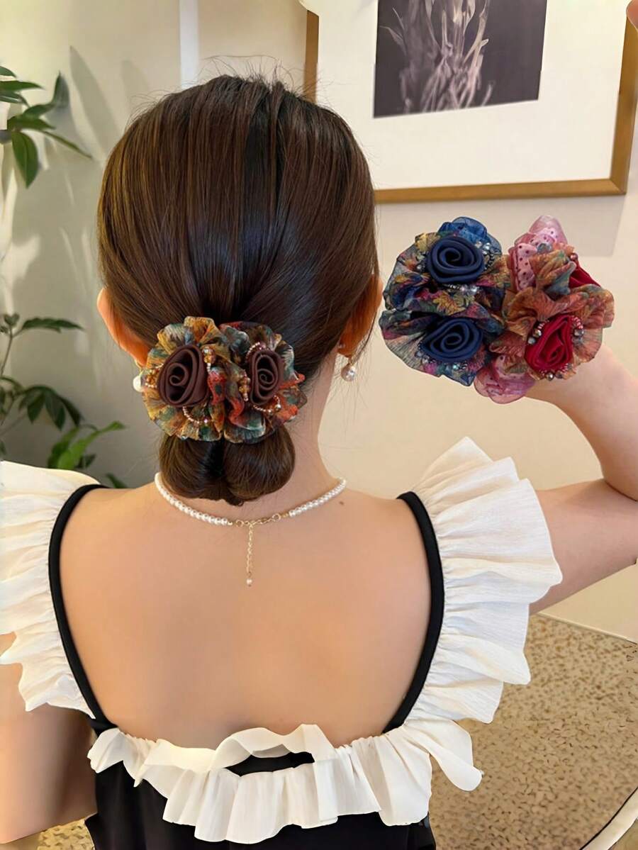 1个花朵造型发圈,优雅碎花发绳,高弹力发饰,适合女性日常佩戴和造型,可作马尾辫发圈,家居美发配饰,发圈,节日派对必备。 - 彩色 - 查看 1