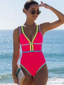 popvil Áo tắm liền thân màu hồng neon kẻ sọc dành cho nữ, dây chéo sau lưng, thích hợp cho kỳ nghỉ hè, đi biển. - Màu Hồng Tươi - Xem 3