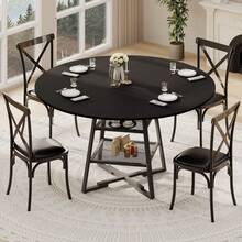 Juego de Mesa Redonda para Comedor de 4 a 6 Personas, Mesa de Comedor Circular con Base de Metal, Mesa Redonda de Madera de, mesas de Cocina de Madera con Estante de - Negro - 42 pulgadas - Ver 6
