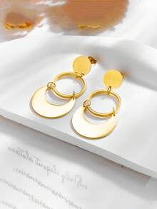 1 par de pendientes minimalistas de metal geométricos exagerados de círculo de acero inoxidable para mujer, adecuados para uso diario - Amarillo Oro - Ver 2