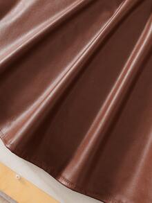 2pcs/Set Young Girl Casual Bow Knit Jacquard Sleeveless Polo Collar Tank Top And PU Leather Mini Skirt Set, Suitable For Summer Daily Casual And Holiday - Brown - View 4