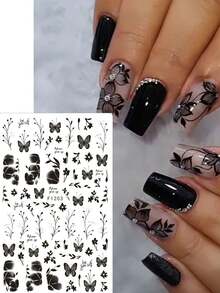 2 miếng dán móng tay hình hoa bướm đen, kiểu Gothic, họa tiết lá hoa năm cánh, phụ kiện trang trí móng tay, dụng cụ làm móng, miếng dán móng tay. - màu đen - Xem 6