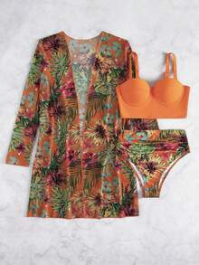 Women's Bikini Swimsuit Set + Kimono Beach Cover-Up, 3 Bikini Sets With Plant Print And Kimono For Summer At The Beach - trái cam - Xem 3