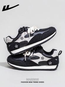 1双 WARRIOR 女士厚底系带软底休闲鞋，低帮户外平底鞋，圆头低跟防滑纯色优雅软底徒步鞋，适合学生，春夏款 - 黑/白 - 查看 2