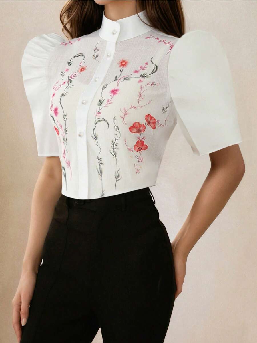 Amyenjoylife 现代菲律宾风衬衫，蝴蝶袖菲律宾风格上衣，时尚印花纽扣衬衫，女士优雅立领短袖上衣，菲律宾风情上衣 - 白色 - 查看 1