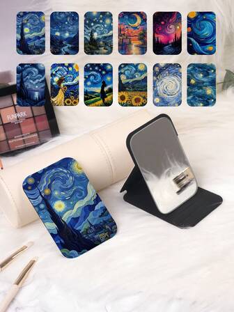 1pc Van Gogh Series Portable Vanity Mirror, Foldable, Ultra-Thin, Convenient Hand Mirror, Durable PU Leather, Suitable For Multiple Scenarios, All People, Foldable Pocket Mirror, Classic Oil Painting Designs Of Starry Night, Sunflowers, Girl, 180° Flip Cover, Multi-Functional
