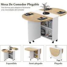Mesa Comedor 140 * 70 * 75CM, Mesa de Comedor Plegable con Ruedas y Estante de Almacenamiento, Ahorro de Espacio, Mesa de Cocina Extensible, Adecuada para Cocina, Salón, Oficina en Casa (Color Madera) - Color Madera - Ver 3