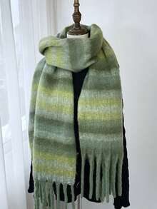 1pc Women's Green Polyester Messy Braid Fleece Striped Knit Scarf - Green - View 1