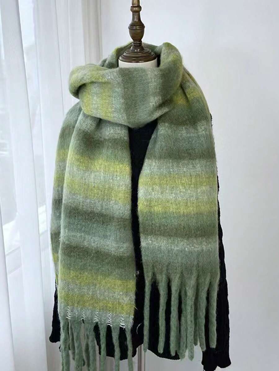 1pc Women's Green Polyester Messy Braid Fleece Striped Knit Scarf - Green - View 1