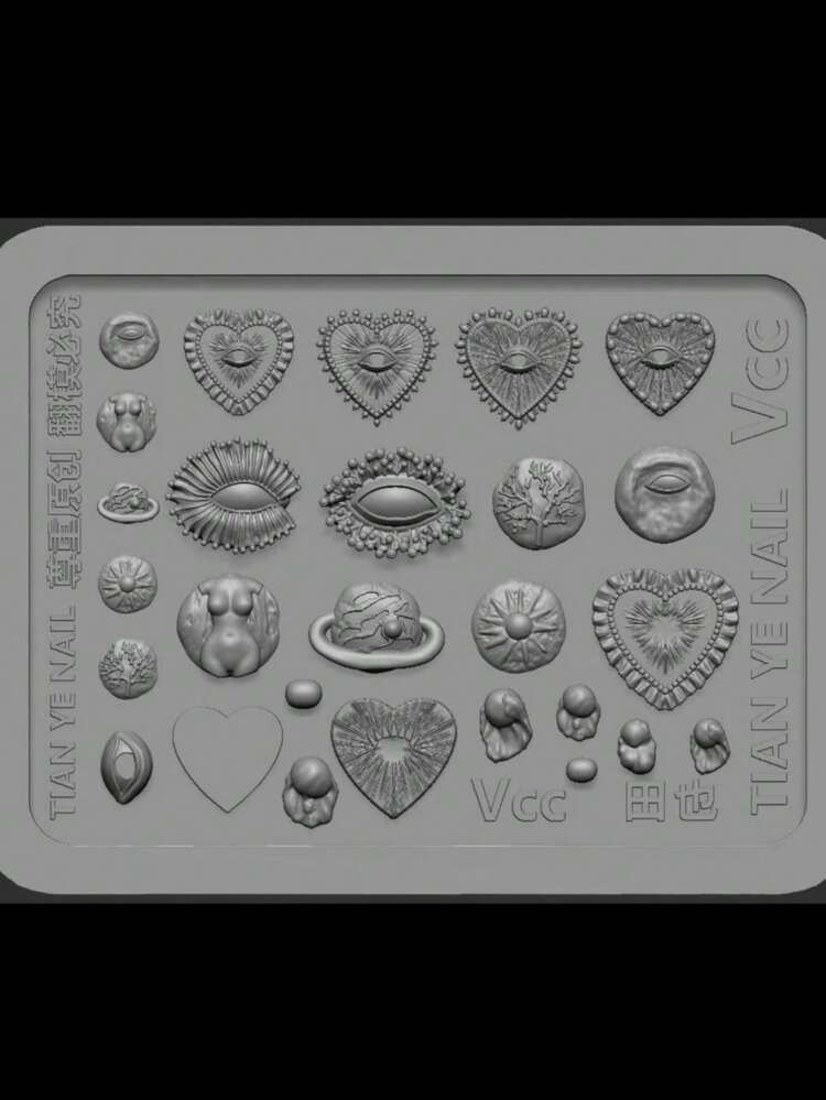 1个复古刺绣眼睛和心形美甲模具，透明硅胶美甲装饰模具 - 無色 - 查看 9