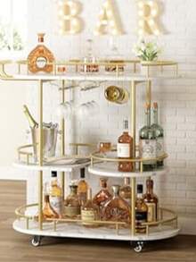 Muebles de bar, carritos de vino, estante para botellas de 3 niveles, ovalado, base blanca, carrito Deesert, estructura de metal dorado, construcción de gres porcelánico y metal, dimensiones 94 * 87 * 40 - Oro blanco - Ver 1