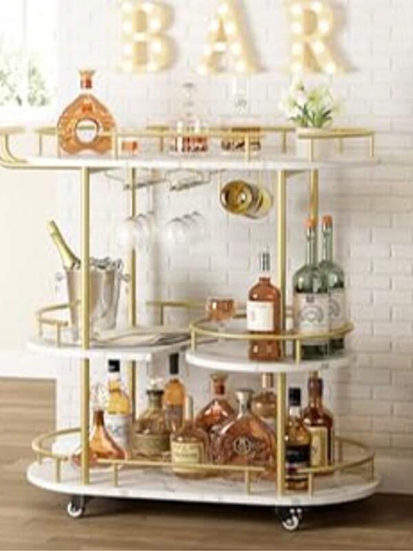 Muebles de bar, carritos de vino, estante para botellas de 3 niveles, ovalado, base blanca, carrito Deesert, estructura de metal dorado, construcción de gres porcelánico y metal, dimensiones 94 * 87 * 40