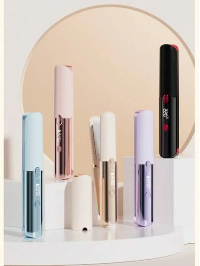 二合一多功能无线迷你便携式USB充电直发器/卷发器，6档温度可调，LCD数字显示屏，适用于所有发质，配有防尘袋，5000mAh锂电池持久续航，小巧便携，适合角色扮演、派对、旅行、毕业典礼、面试等场合，男女皆宜。内含1个防尘袋、1把梳子和1个发夹。