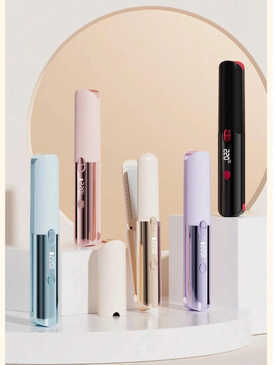 二合一多功能无线迷你便携式USB充电直发器/卷发器，6档温度可调，LCD数字显示屏，适用于所有发质，配有防尘袋，5000mAh锂电池持久续航，小巧便携，适合角色扮演、派对、旅行、毕业典礼、面试等场合，男女皆宜。内含1个防尘袋、1把梳子和1个发夹。