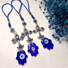 1件装时尚邪眼绿松石蓝眼睛水钻装饰十字架吊坠，汽车幸运饰品 - A - 查看 3