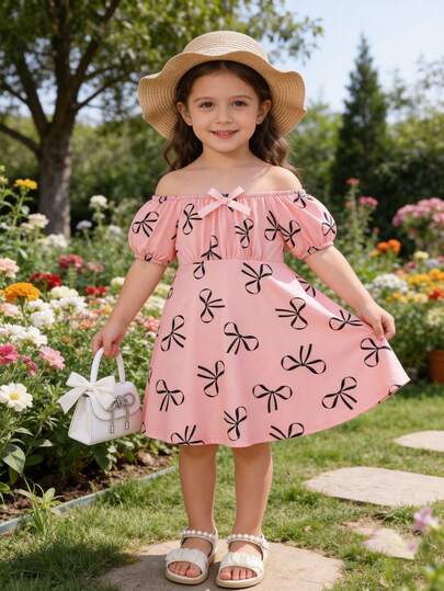 Vestido rosa con diseño de lazo 3D y estampado de lazos por toda la prenda, de estilo casual y lindo para niñas, con mangas abullonadas y cuello redondo, adecuado para uso en exteriores, vuelta al colegio, ir al trabajo y reuniones sociales, para primavera/verano