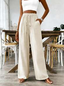 Women's Casual Drawstring Waist Straight Leg Pants With Side Pockets, Simple Elegant Style Suitable For Daily, Commuting Summer - Apricot - View 4