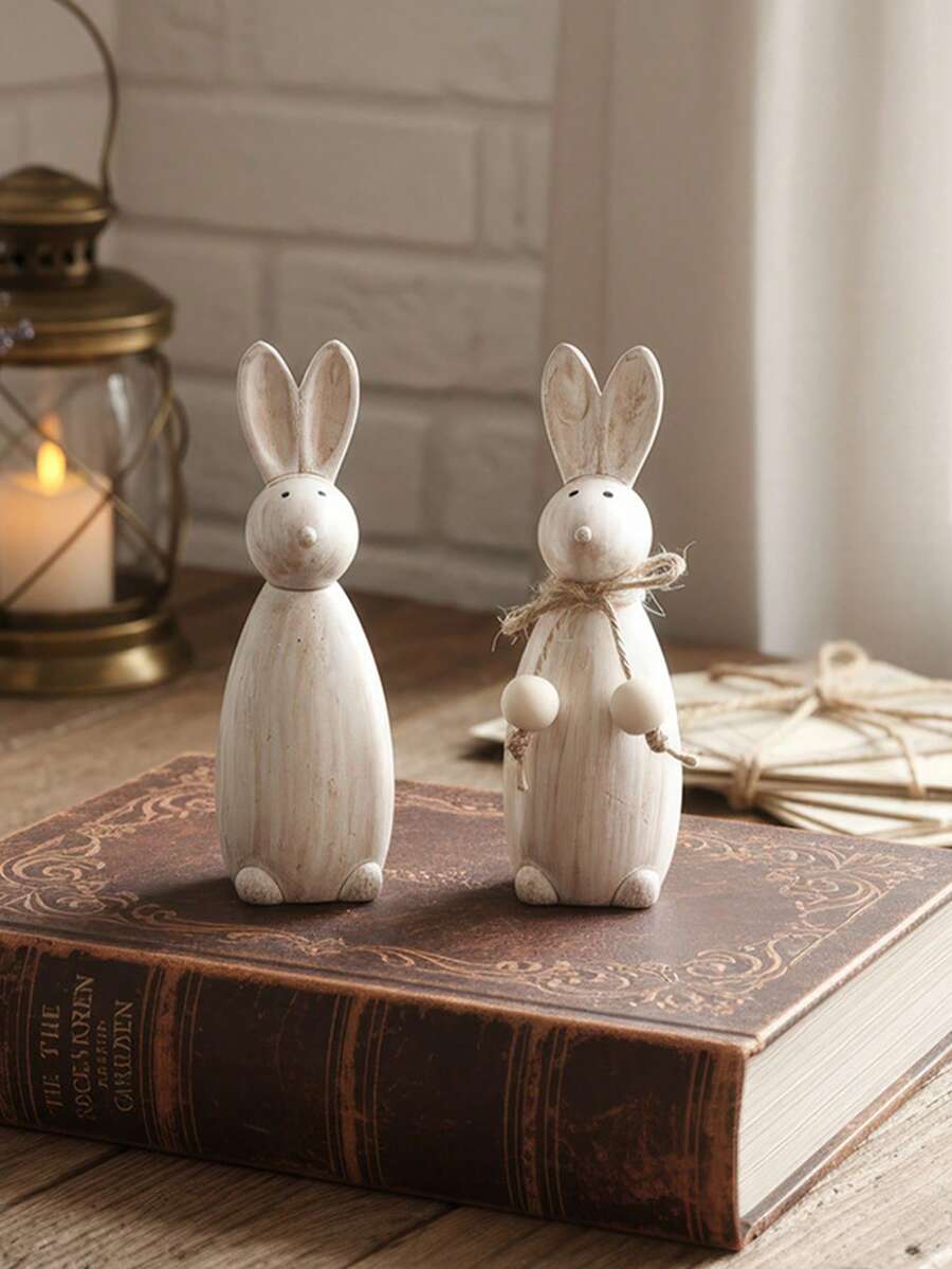 可爱复古木质兔子摆件，简约小巧，适合家居花园阳台露台装饰。