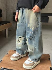 男童宽松直筒牛仔裤，适合休闲、上学、户外活动，秋季穿着。 - 藍色 - 查看 2