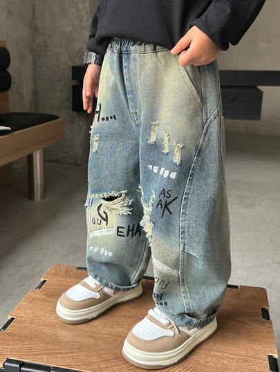 Boys' Loose Fit Straight Leg Jeans, Suitable For Casual, School, Outdoor Wear, Autumn