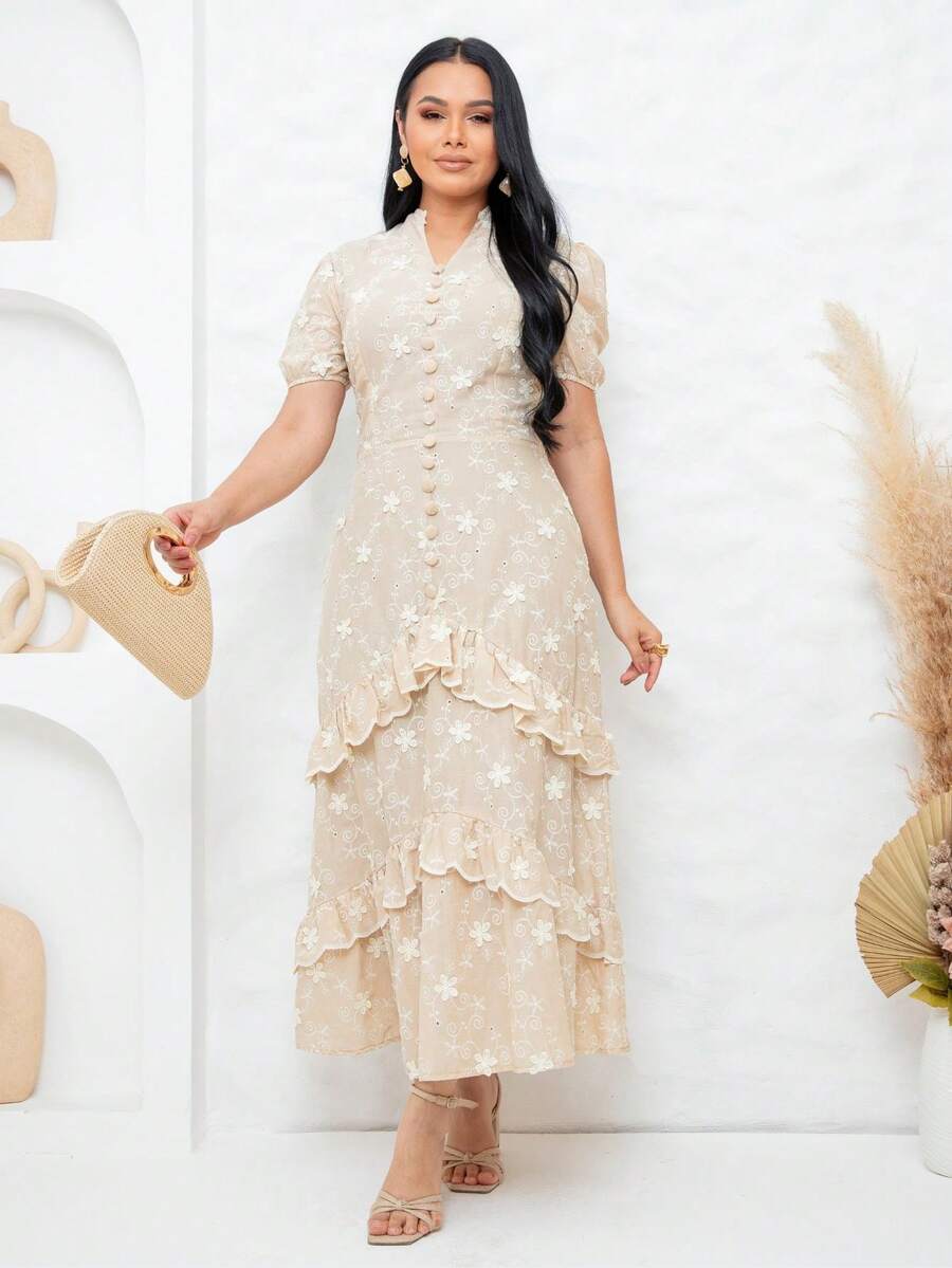 Women's Maxi Dress With Embroidered Appliqués, Puff Sleeves, Layered Skirt, V-Neck, Faux Buttons On The Bust, Elegant, Romantic And Perfect. - 米色 - 查看 1
