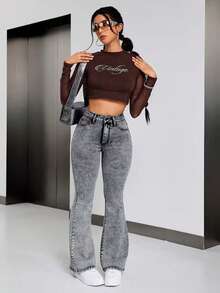 calça jeans feminina estilo flare grafite premium estilosa - Chumbo - Visão 7