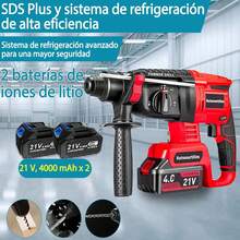 Rotomartillo Inalámbrico 21V SDS-Plus 2200W Pico 4 en 1 con 2 Baterías 4.0Ah y 14 Accesorios, Taladro Perforador Martillo Demoledor Cincelador Profesional(Rojo) - VERDE - Ver 10