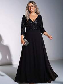 EVERPRETTY Plus Size Sexy V-Neck Sequin Contrast Color Chiffon Autumn Party Black Evening Gown, Wedding Guest Formal Dress, Mother Of Brides, Valentine's Day Glam Dresses - Black - View 8
