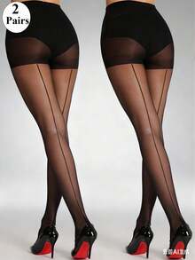 1/2/3/4/6 双装女士黑色竖条纹紧身时尚显瘦超薄连裤袜，性感优雅黑色竖条纹紧身裤（双面可穿） - 黑色 - 查看 10