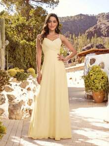 EVERPRETTY Spring Sexy V-Neck Spaghetti Strap Backless Evening Dress, Casual Chic, Suitable For Daily Wear, Cream Yellow Bridesmaid Dress, Wedding Guest Dress - Yellow - View 7