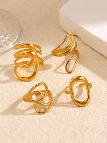 Conjunto de 4 anéis minimalistas e versáteis em aço inoxidável banhado a ouro 18K com design geométrico assimétrico em formato de elipse, elegantes e casuais para mulheres, perfeitos para uso diário, encontros, reuniões, feriados e Dia dos Namorados. - Multicolorido - Ver 4